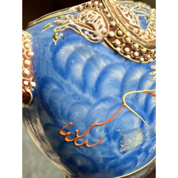 Vintage Hand Painted Kutani  Dragonware Moriage Japanese Teapot Blue Gold 7.5" - Picture 12 of 16